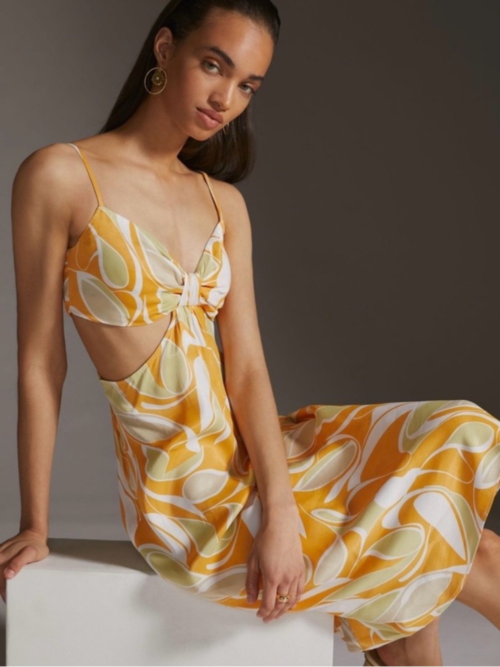 GUC Anthropologie Women’s Yellow Cutout Slip Dress with Abstract Print
